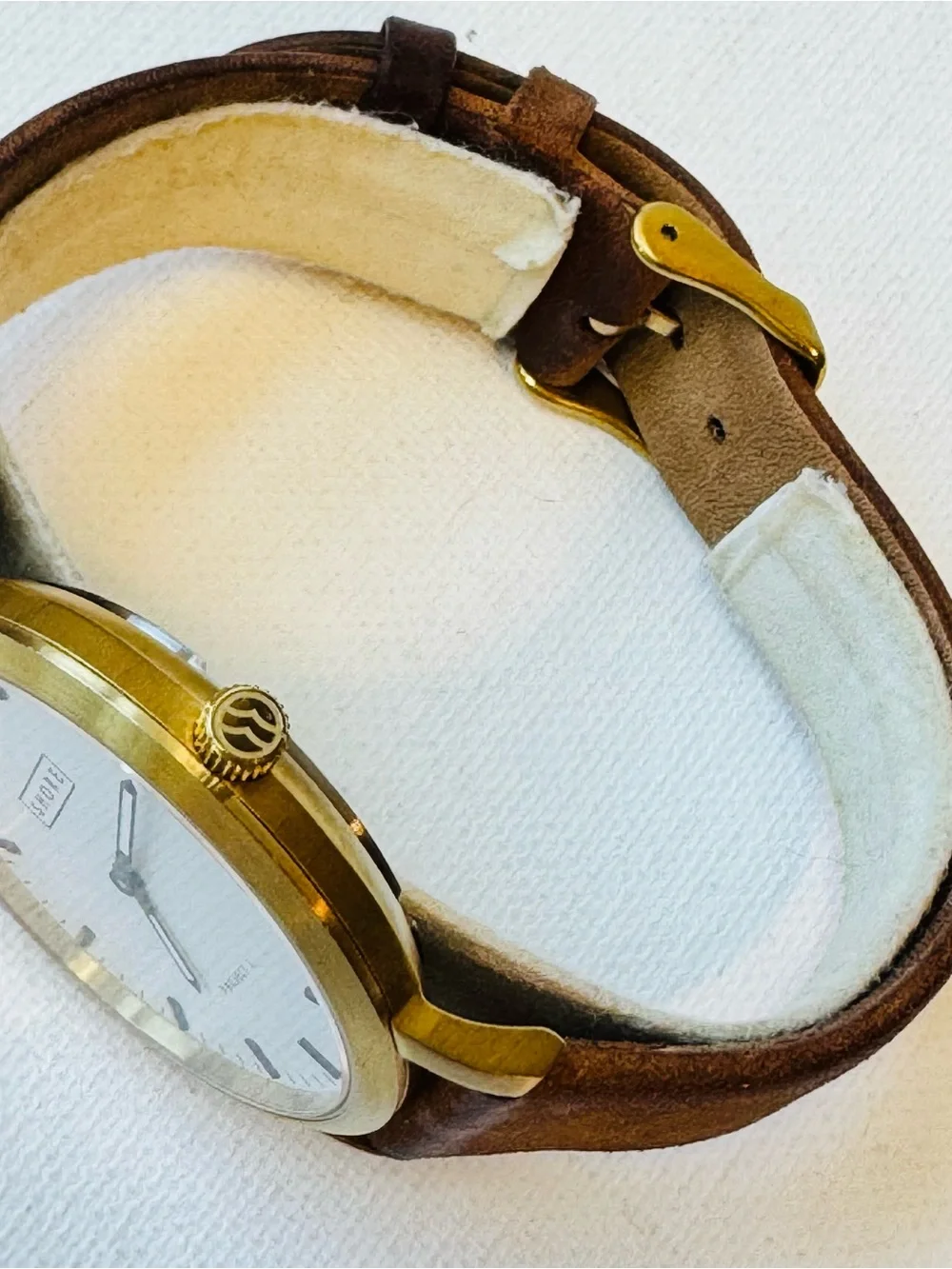 SHORE Projects POOLE Sapphire Crystal 39mm Men's Gold White Watch Brown Leather